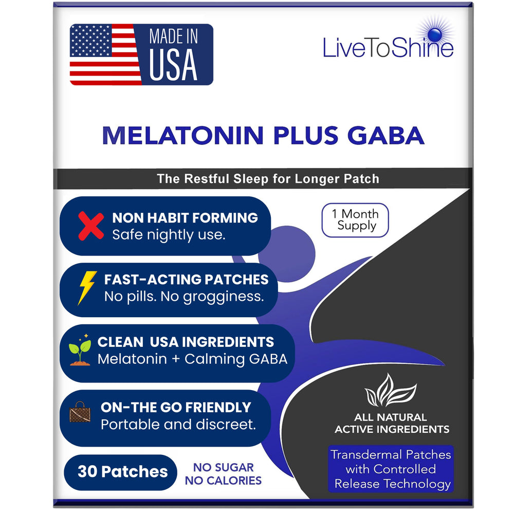 Live To Shine melatonin patches pack front showing USA-made quality and sleep support