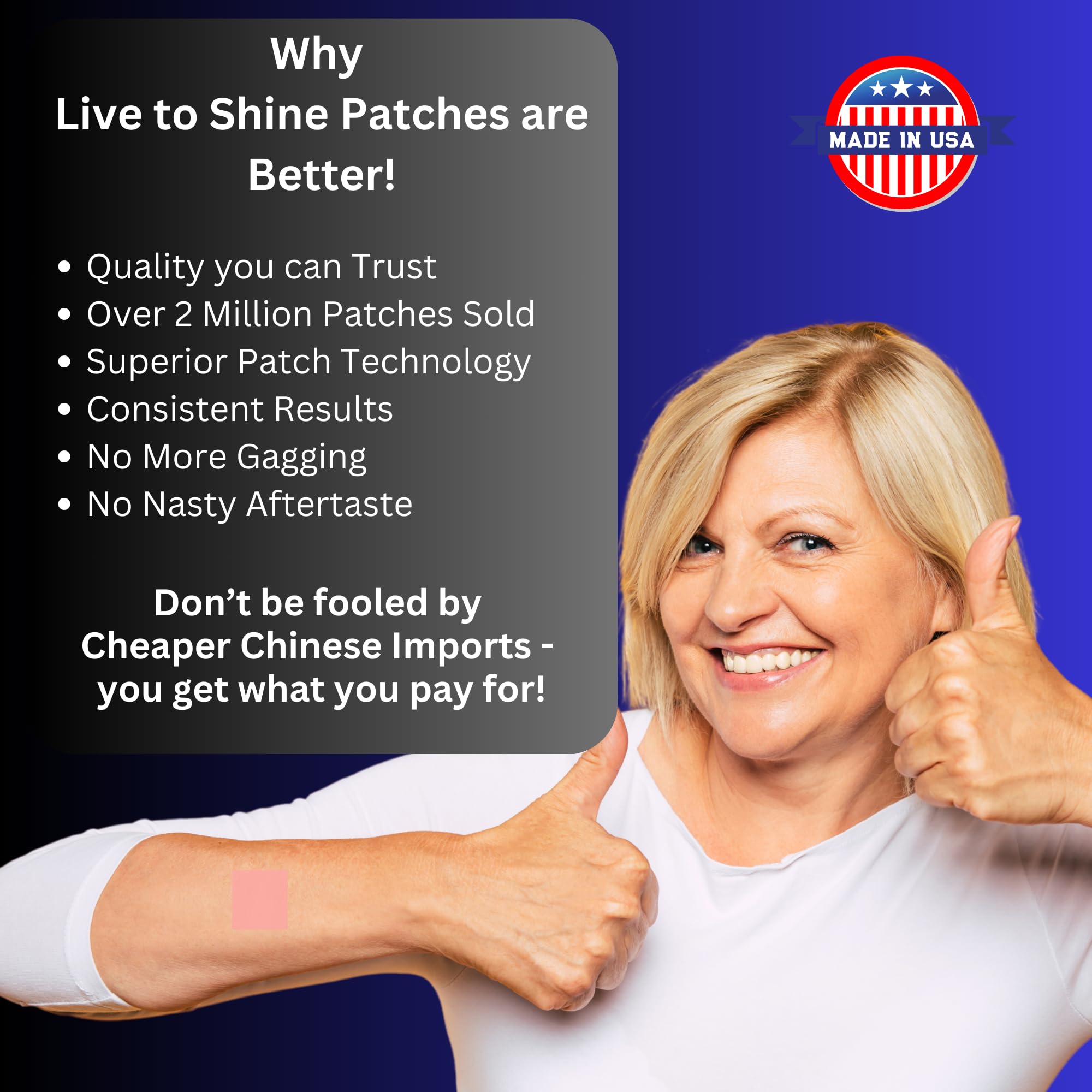 Hands applying a Live To Shine patch highlighting easy peel-and-stick convenience