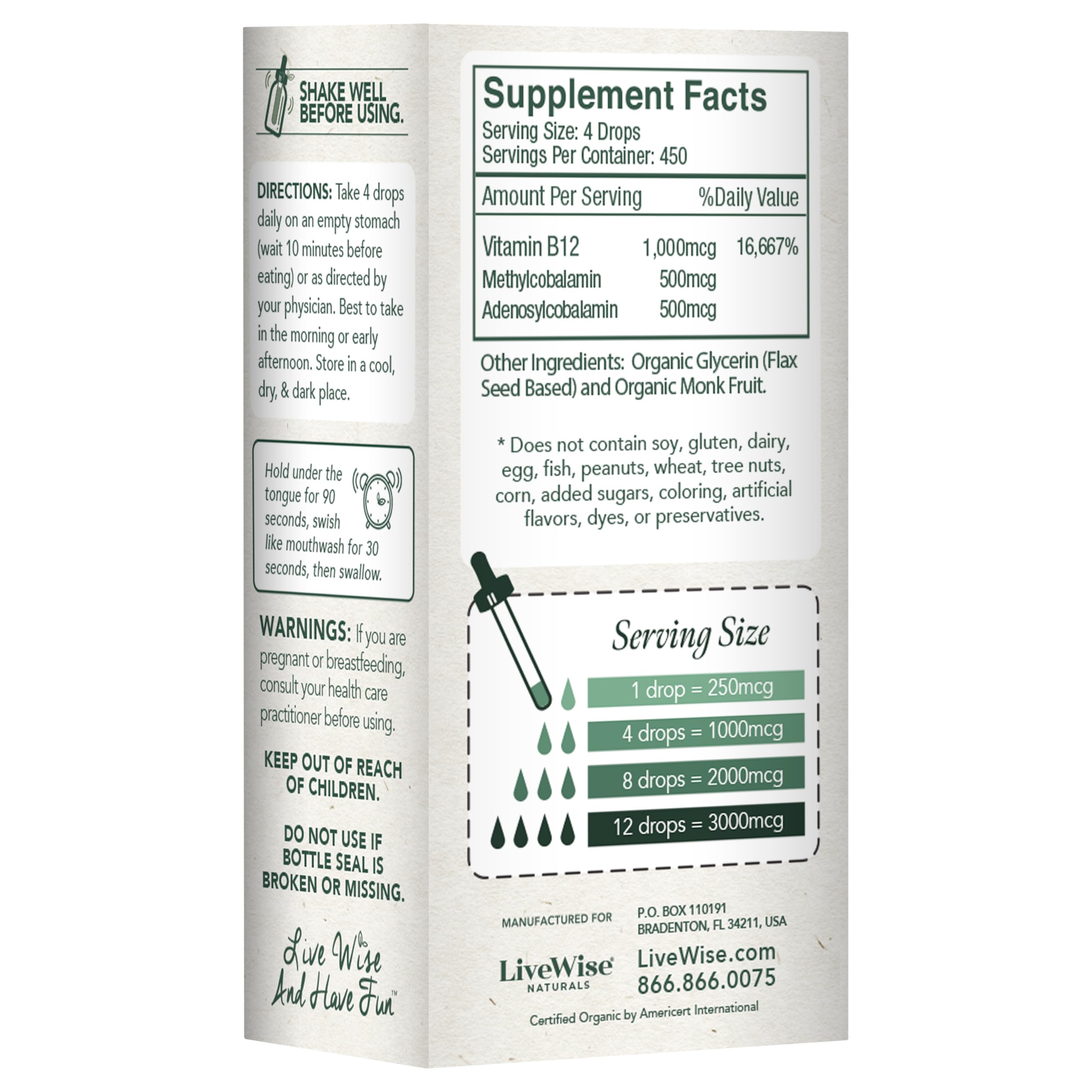 Live Wise Naturals B12 drops with dropper enables precise dosing.
