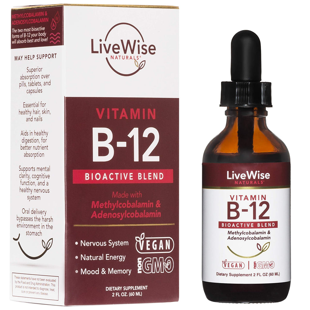 Live Wise Naturals dropper pouring B12 drops for easy use.