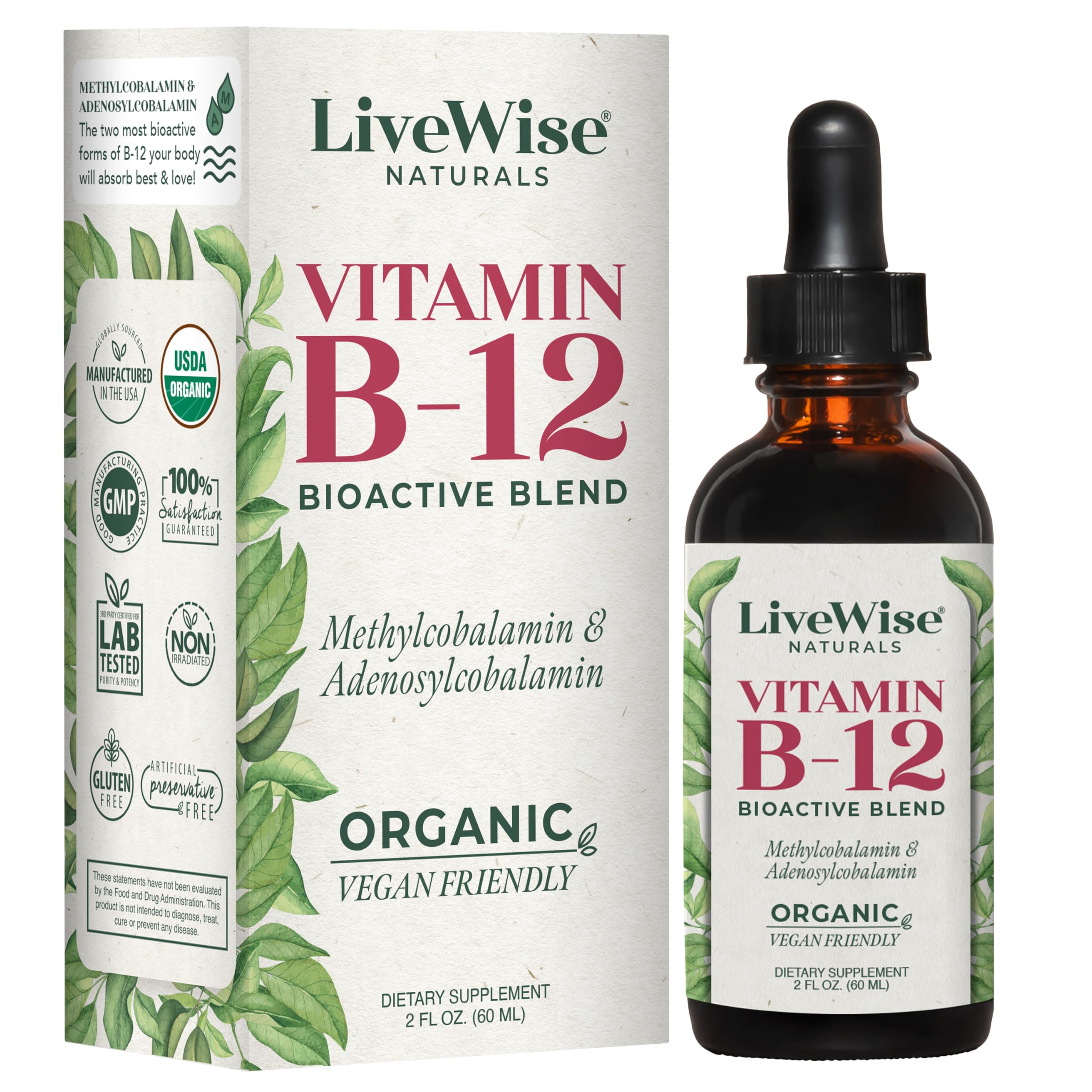 Live Wise Naturals liquid B12 drops bottle for quick sublingual absorption.