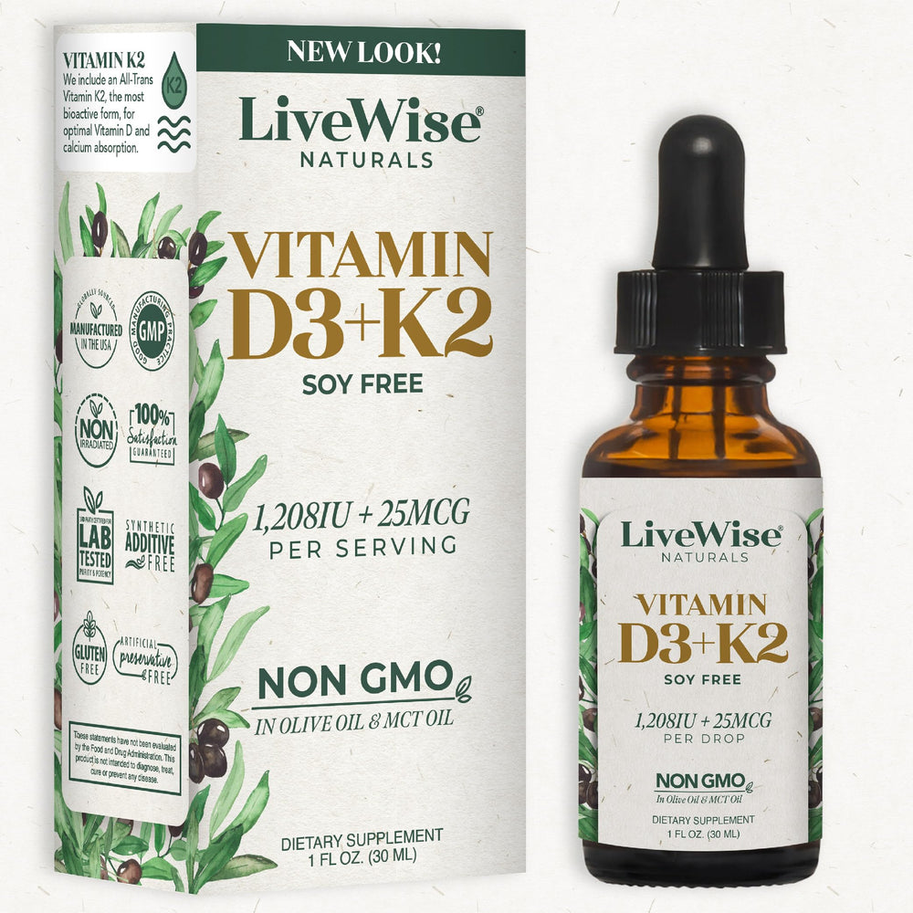 Live Wise Naturals D3 K2 drops bottle front for bone support potential.