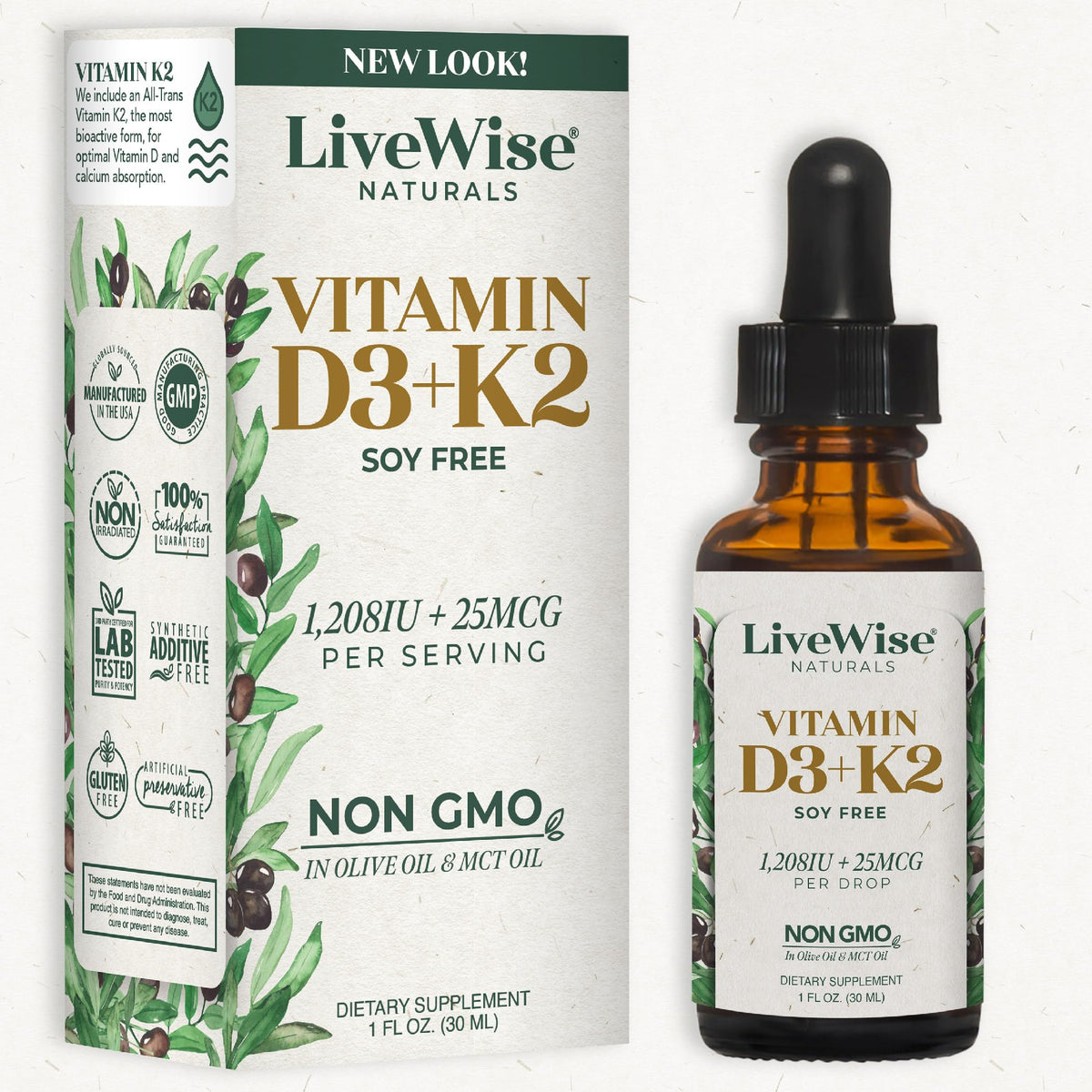 Live Wise Naturals D3 K2 drops bottle front for bone support potential.