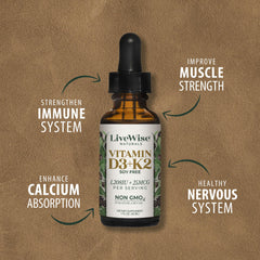 Live Wise Naturals D3 K2 drops label close-up showing non-GMO and third-party testing.