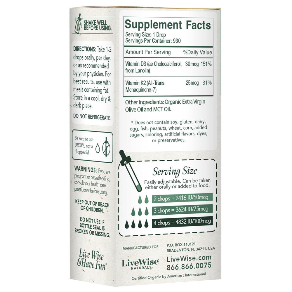 Live Wise Naturals D3 K2 drops no fillers for a clean experience.