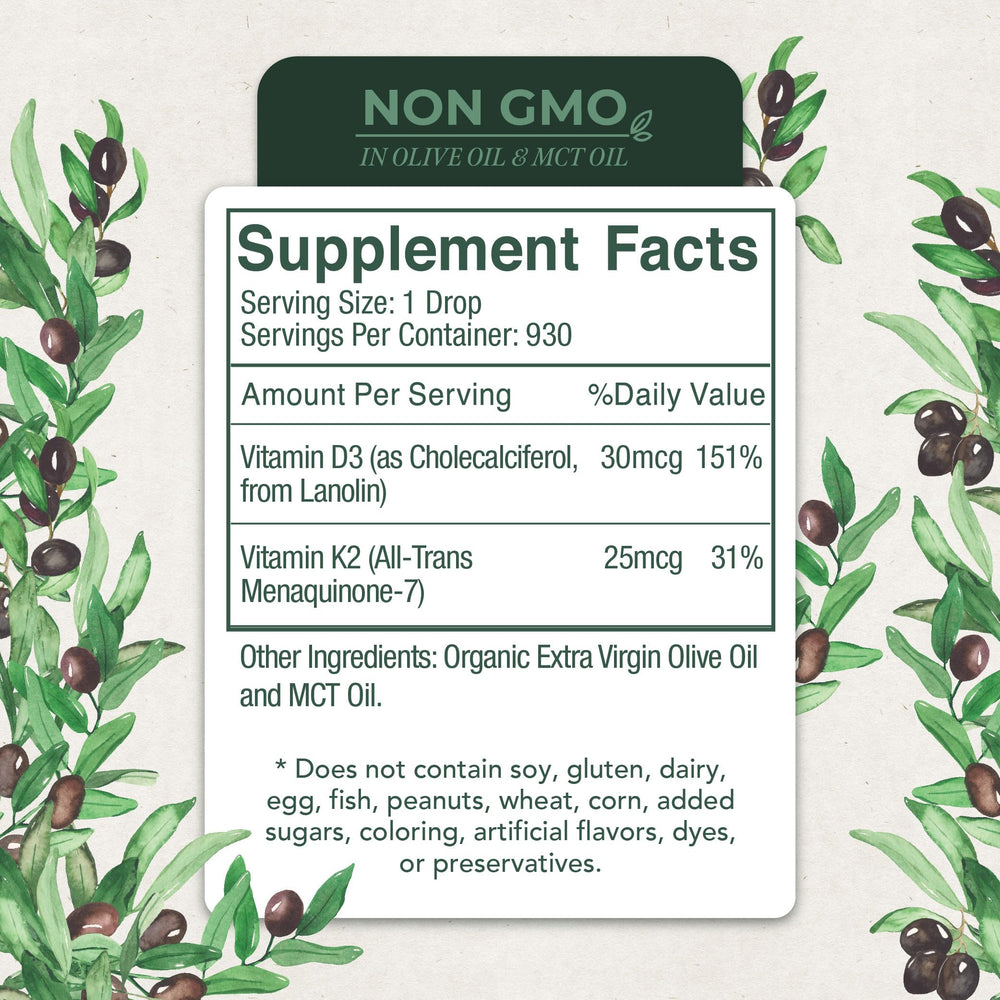 Live Wise Naturals D3 K2 drops bottle with olive oil base for natural ingredients.