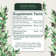 Live Wise Naturals D3 K2 drops bottle with olive oil base for natural ingredients.