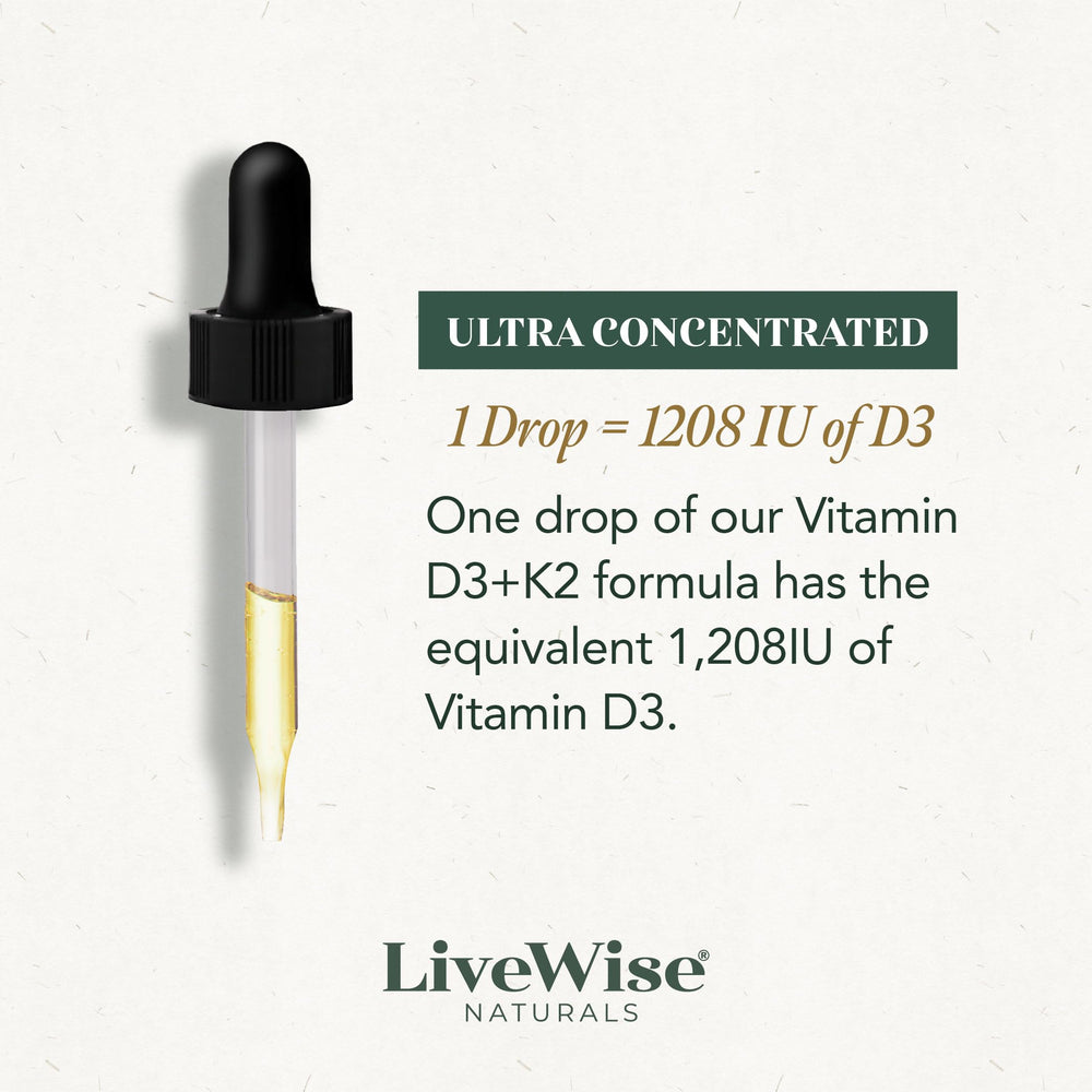Live Wise Naturals D3 K2 drops label highlights organic MCT oil base.