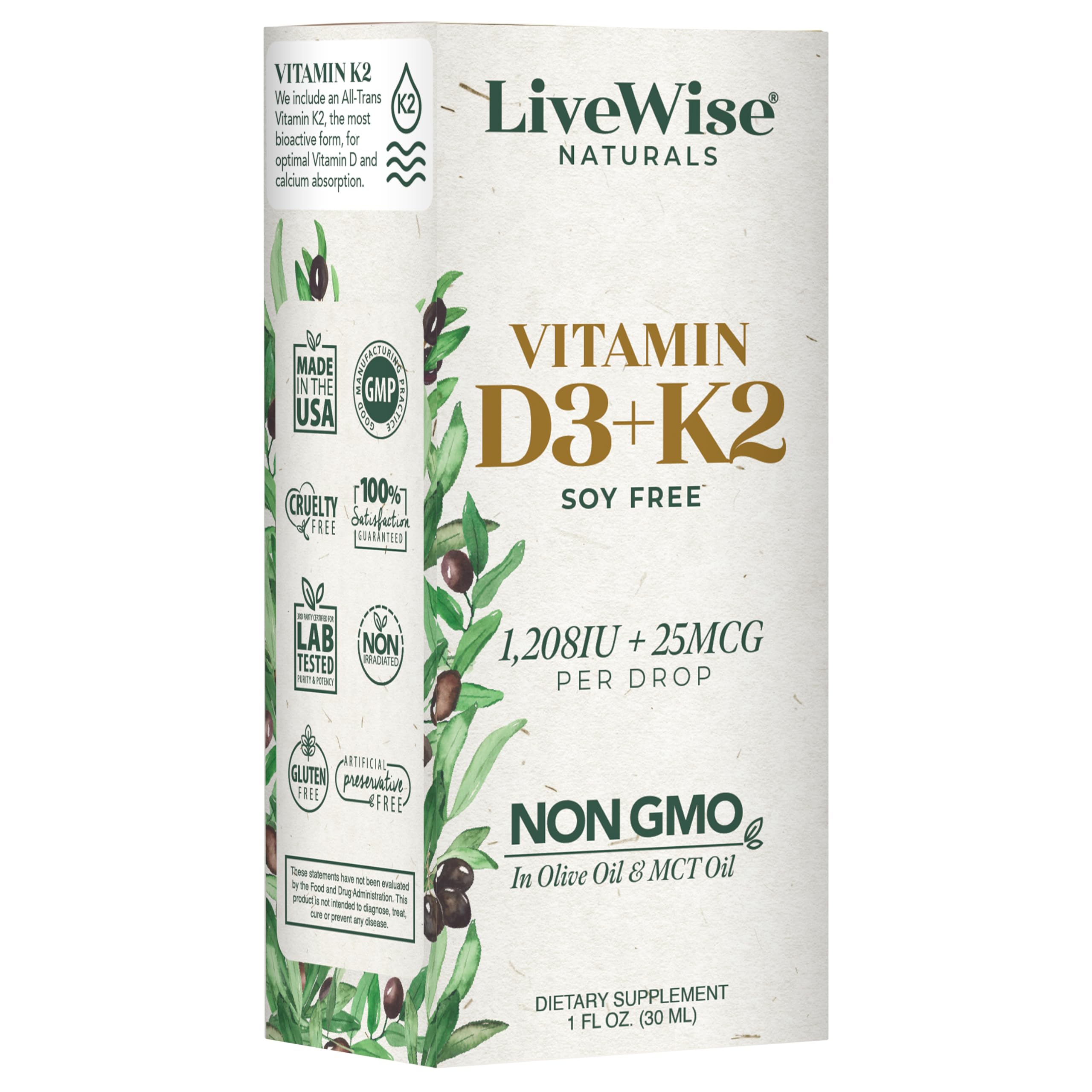 Live Wise Naturals D3 K2 drops peppermint oil option label on bottle.