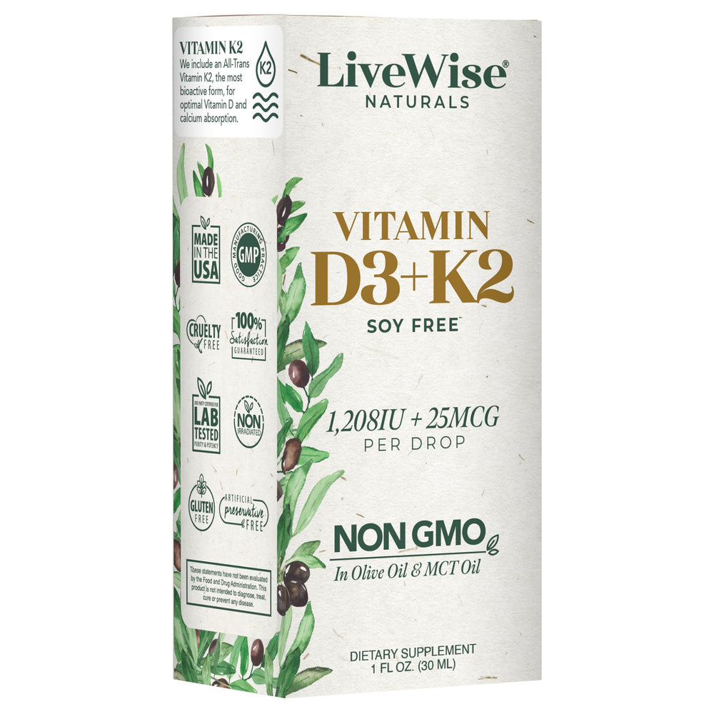 Live Wise Naturals D3 K2 drops peppermint oil option label on bottle.
