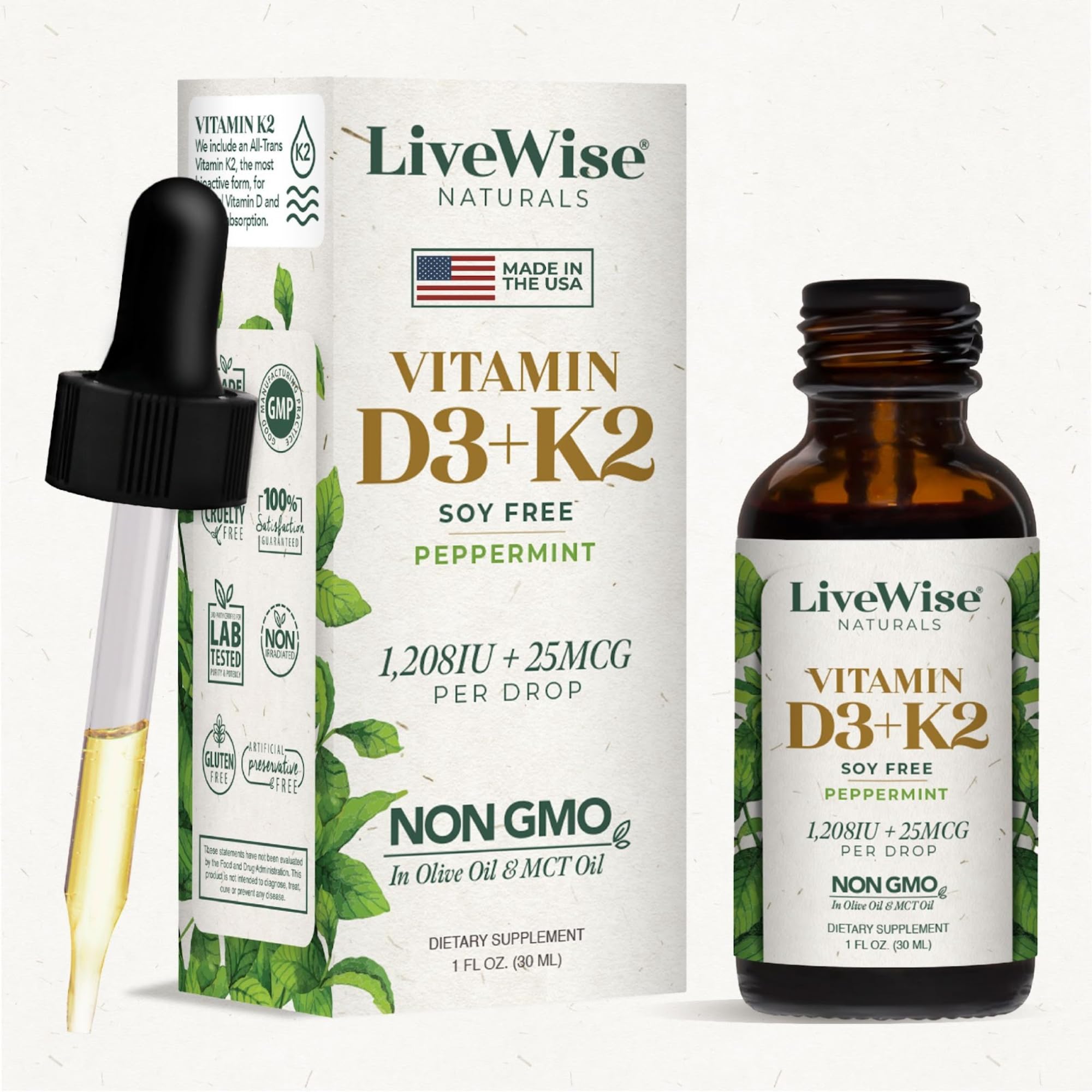 Live Wise Naturals Vitamin D3+K2 bottle pouring for easy dosing, supports immune health.