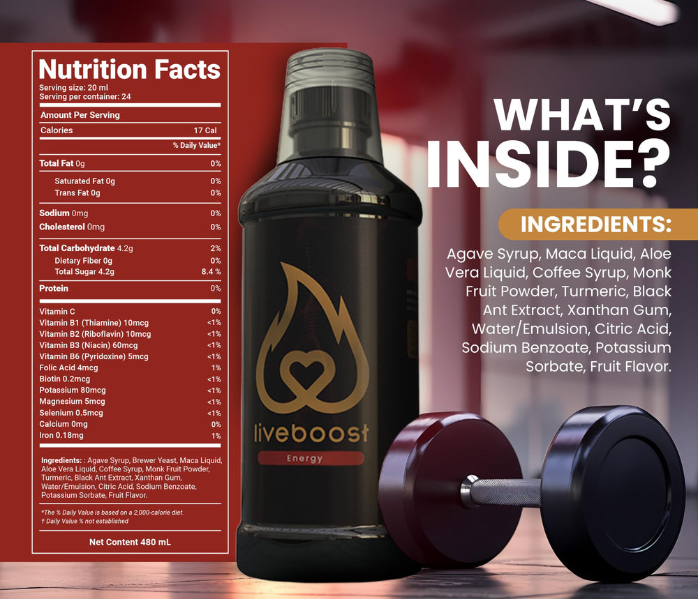 LIVEBOOST bottle side view emphasizes compact wellness companion.