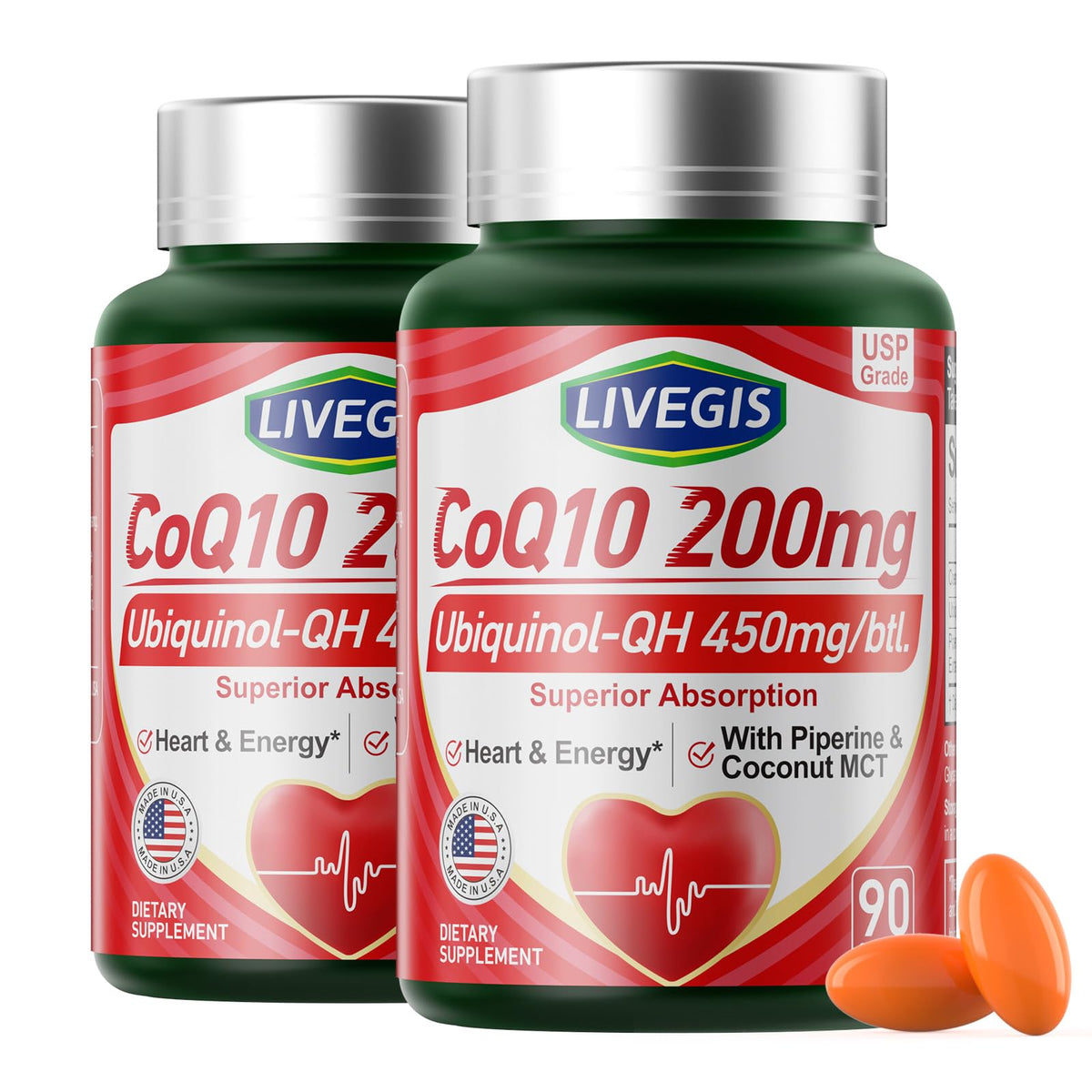 LIVEGIS CoQ10 200mg softgels bottle front highlights premium antioxidant support.