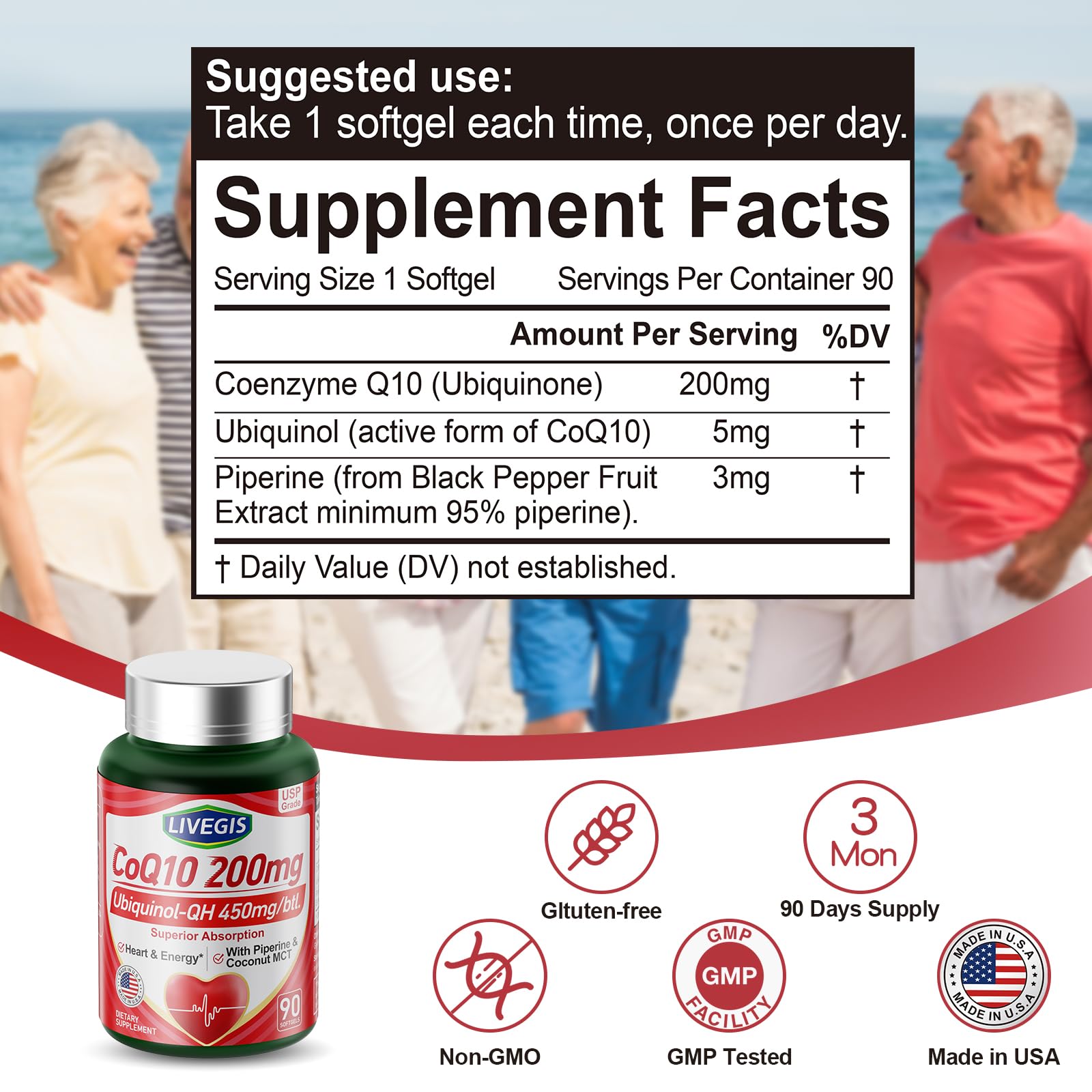 LIVEGIS CoQ10 softgels closeup of gel emphasizes easy swallowing.