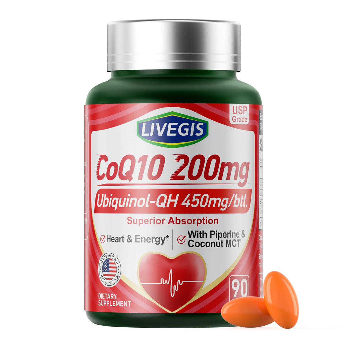 LIVEGIS CoQ10 bottle front with 90 softgels for daily energy support