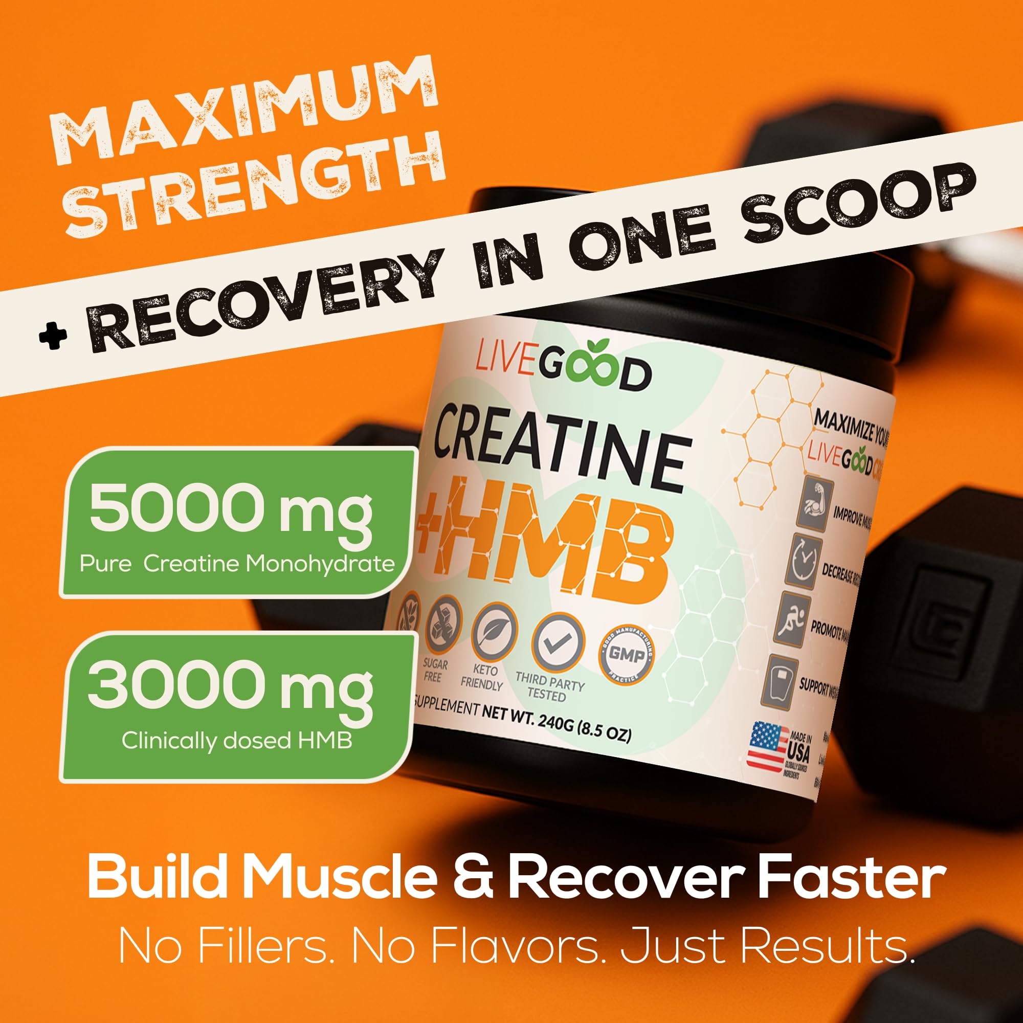 LIVEGOOD Creatine HMB bottle pour demonstrates easy mix and quick routine integration