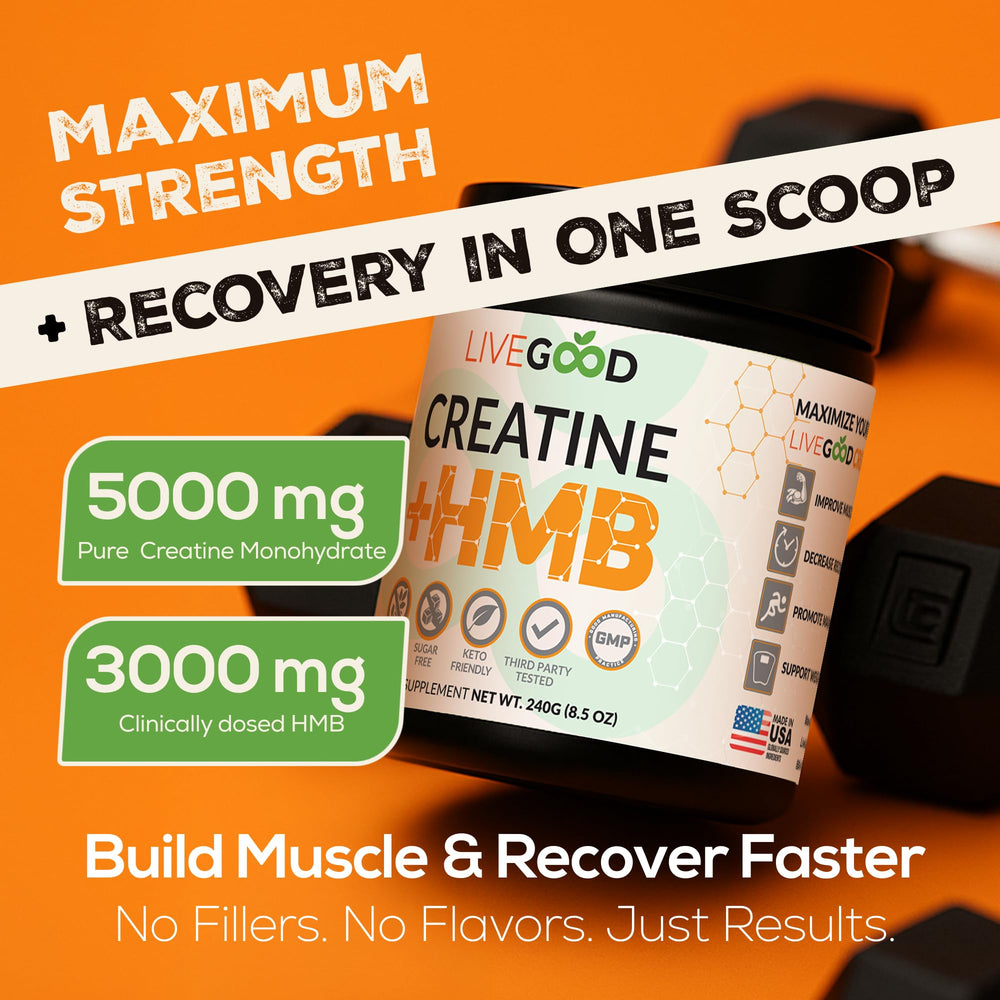 LIVEGOOD Creatine HMB bottle pour demonstrates easy mix and quick routine integration
