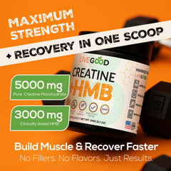 LIVEGOOD Creatine HMB bottle pour demonstrates easy mix and quick routine integration