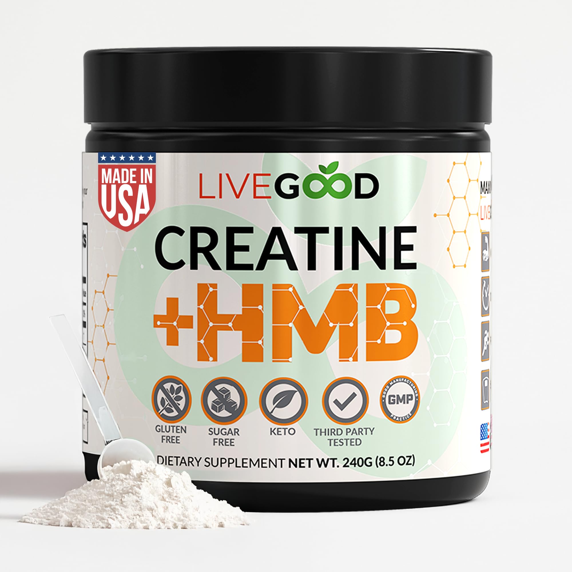 LIVEGOOD Creatine HMB powder bottle shows a clean unflavored formula for strength support