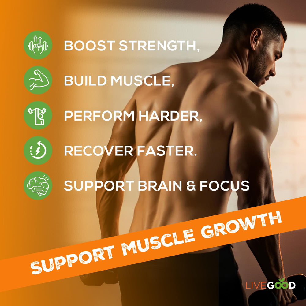 LIVEGOOD Creatine HMB powder ingredients graphic outlines organic creatine and HMB