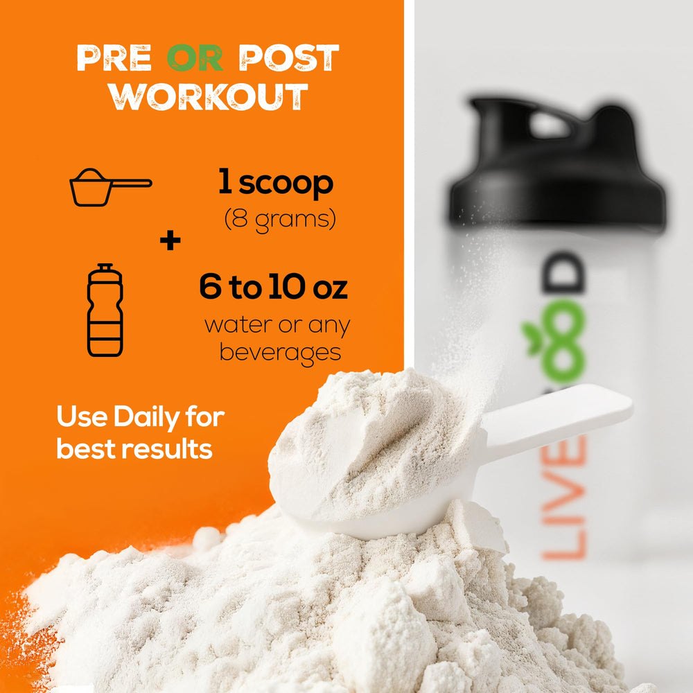 LIVEGOOD Creatine HMB powder label closeup emphasizes clean ingredients
