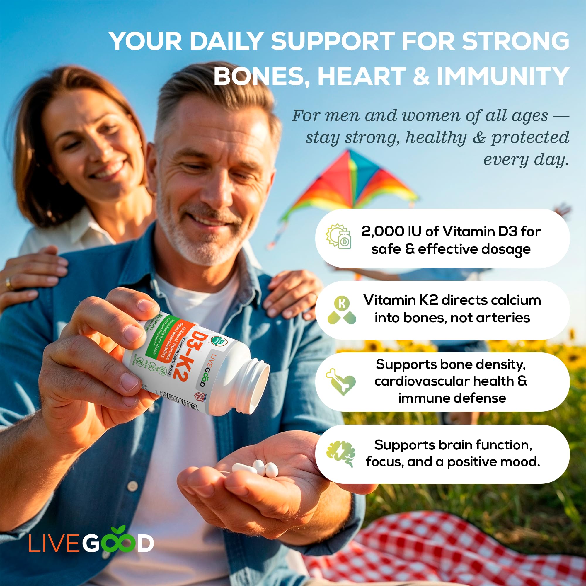 LIVEGOOD D3 K2 dosage info clarifies 2000 IU per serving.