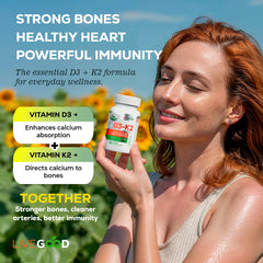 LIVEGOOD D3 K2 ingredients pack shows organic, plant-based formulation.