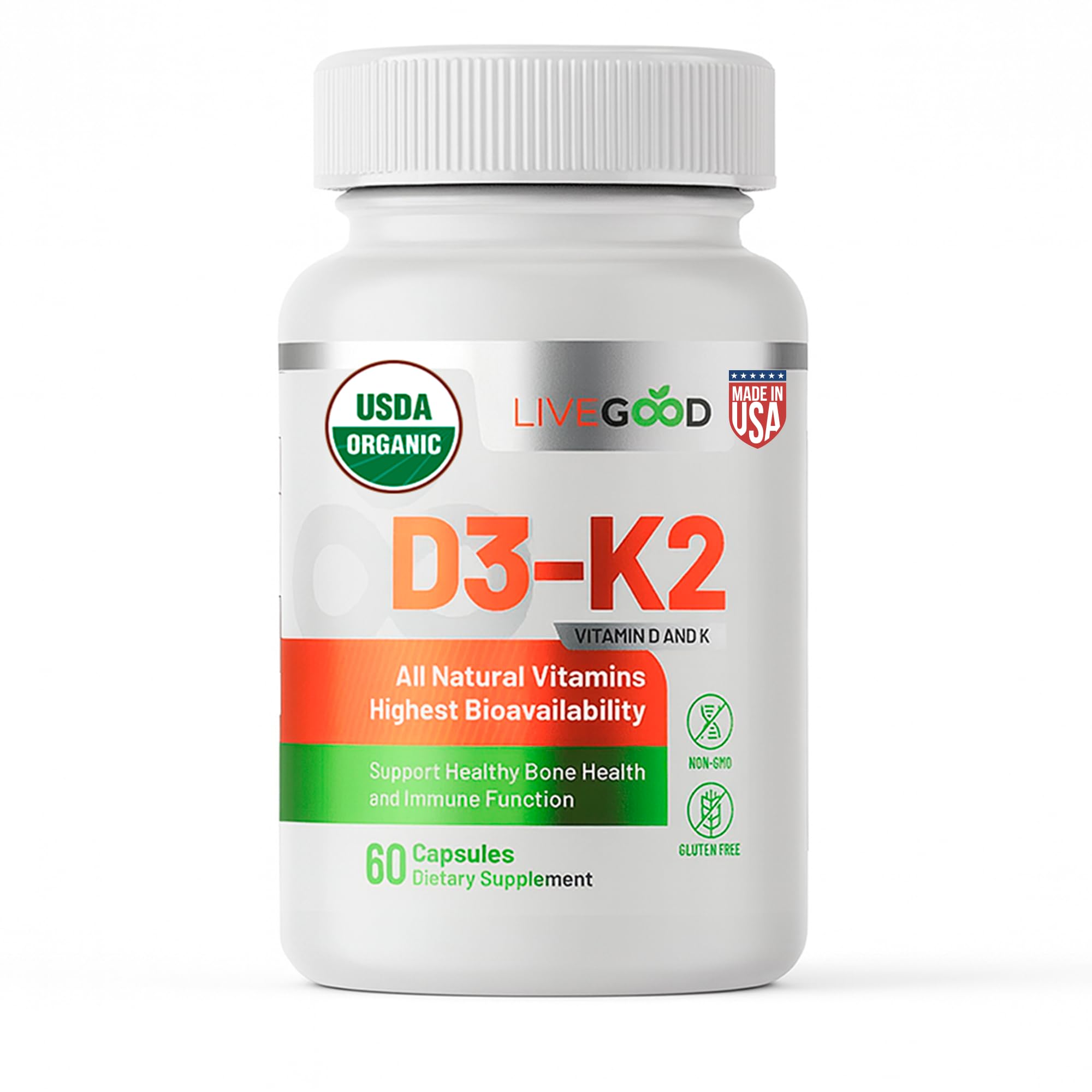 LIVEGOOD Organic D3 K2 bottle shows vegan formula for daily immune and bone support.
