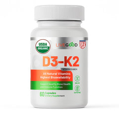 LIVEGOOD Organic D3 K2 bottle shows vegan formula for daily immune and bone support.