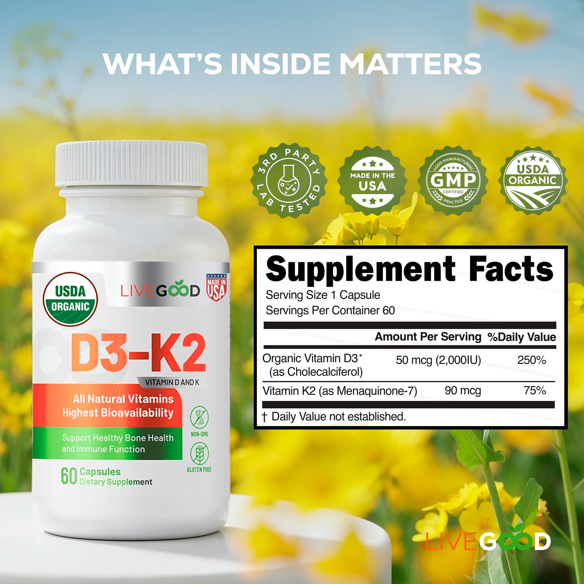 LIVEGOOD D3 K2 USA-made label emphasizes quality and domestic production.
