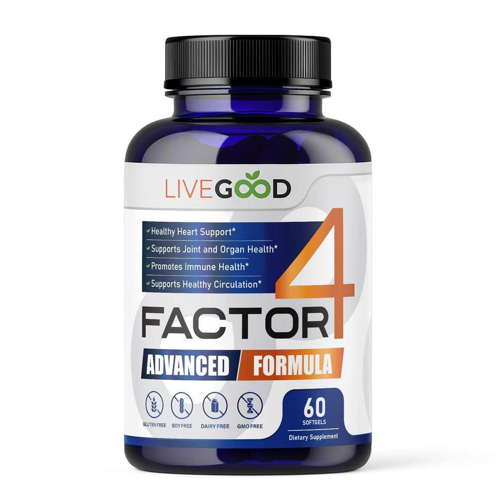 LiveGood Factor 4 bottle front showing omega-3 blend for heart and joint support