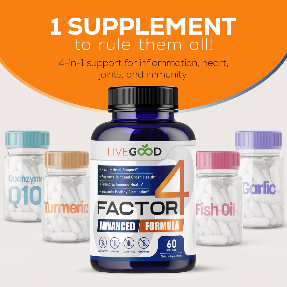 LiveGood Factor 4 bottle label highlighting EPA, DHA, CoQ10, turmeric benefits