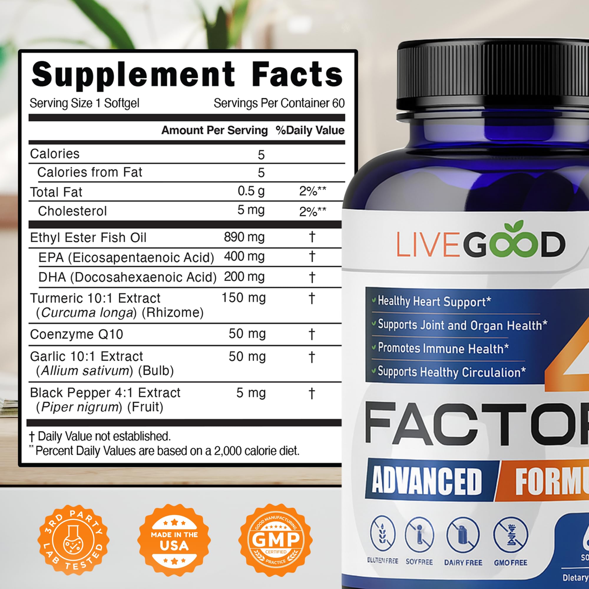Closeup of LiveGood Factor 4 capsules for easy daily omega-3 intake