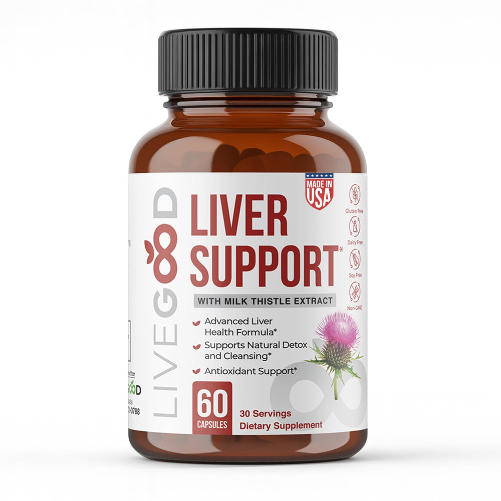LIVEGOOD Liver Support bottle front showing premium packaging for daily detox