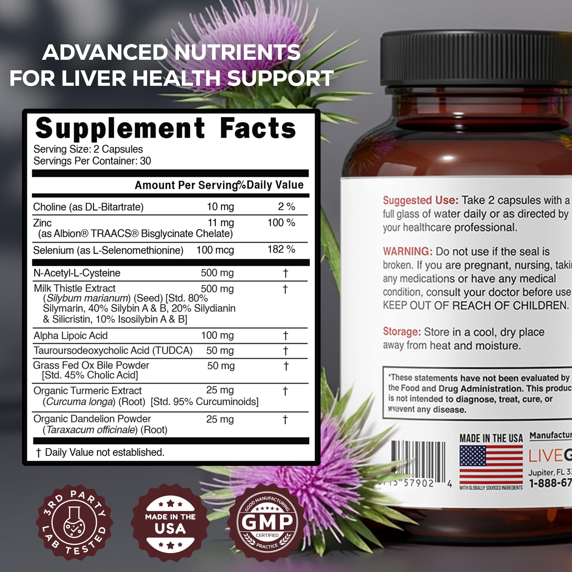 LIVEGOOD Liver Support ingredients label reveals milk thistle and turmeric blend