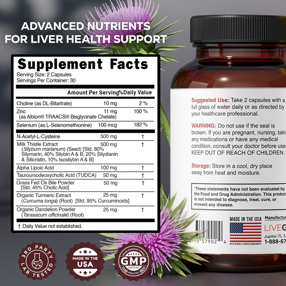 LIVEGOOD Liver Support ingredients label reveals milk thistle and turmeric blend