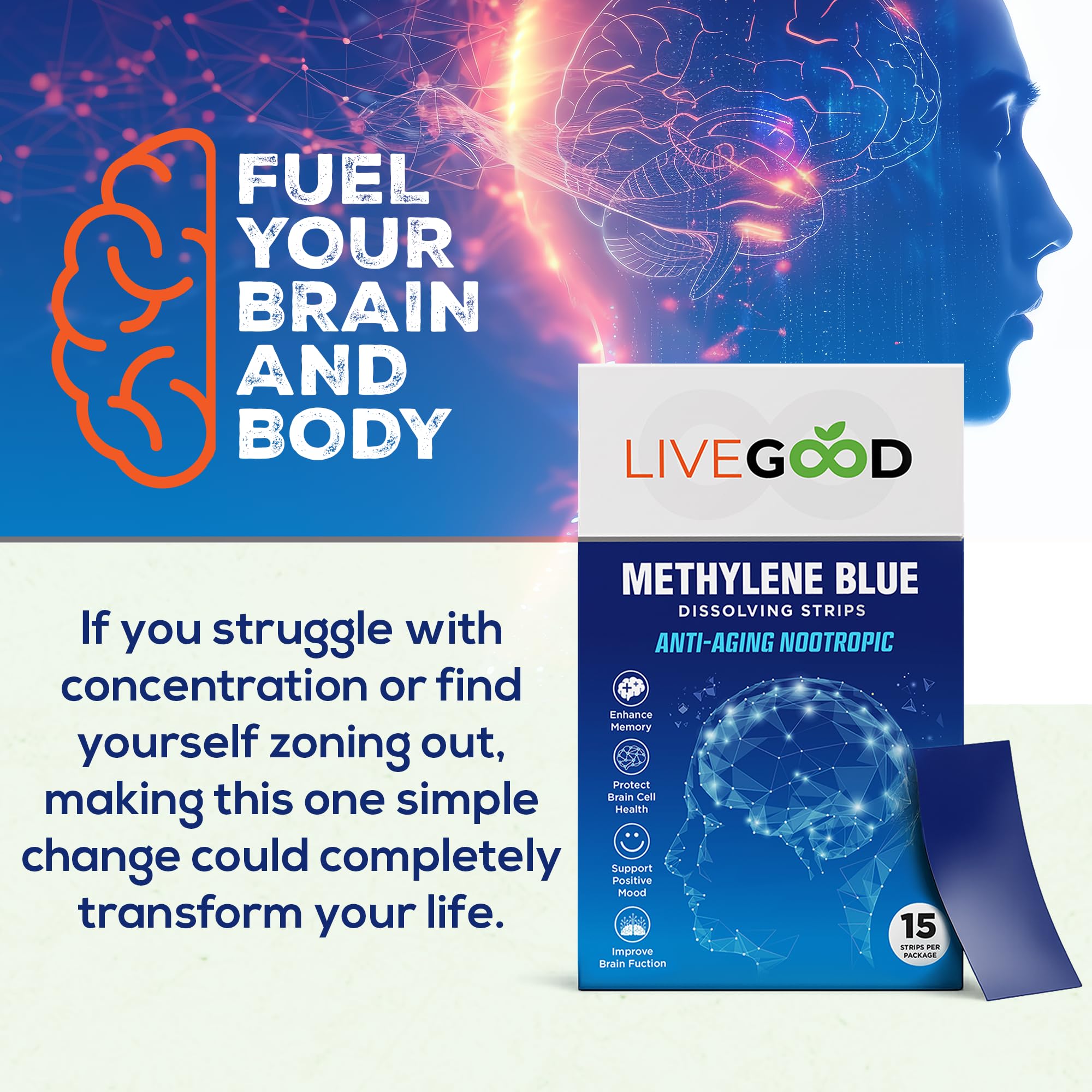 LIVEGOOD Methylene Blue strip dissolving under the tongue for fast absorption