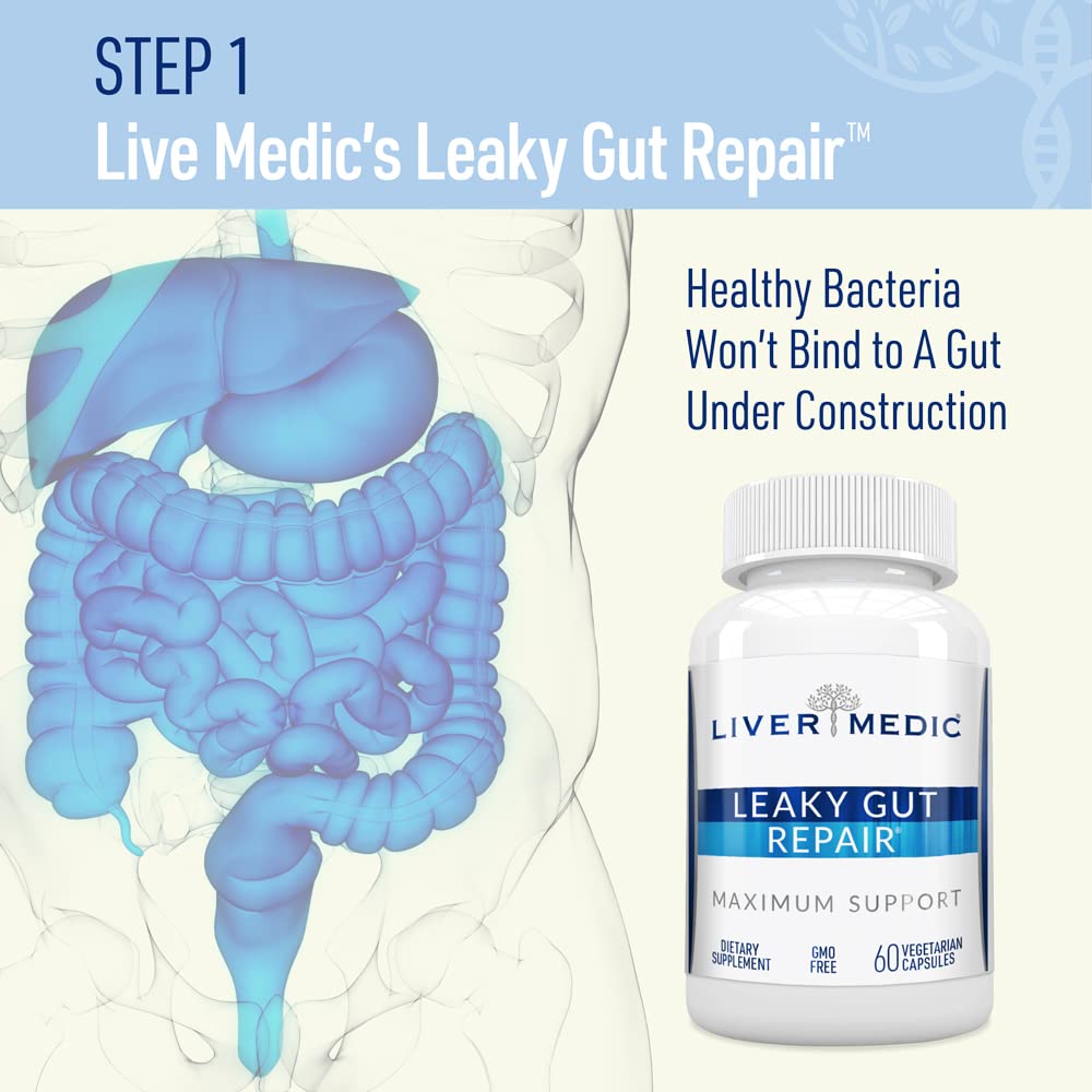 Liver Medic Leaky Gut Repair bottle-pour capture shows convenient on-the-go capsule use.