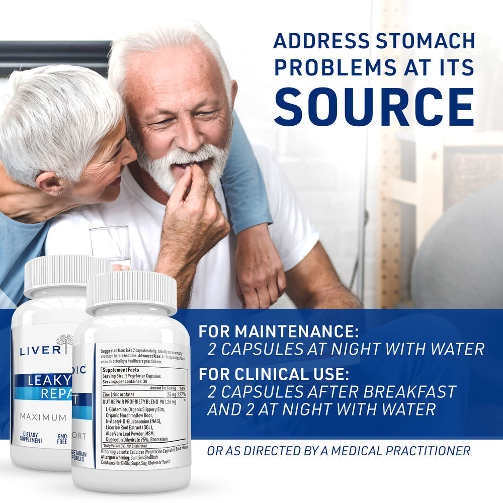 Liver Medic Leaky Gut Repair ingredient-glossary shows glutamine and herbs for soothing digestive comfort.
