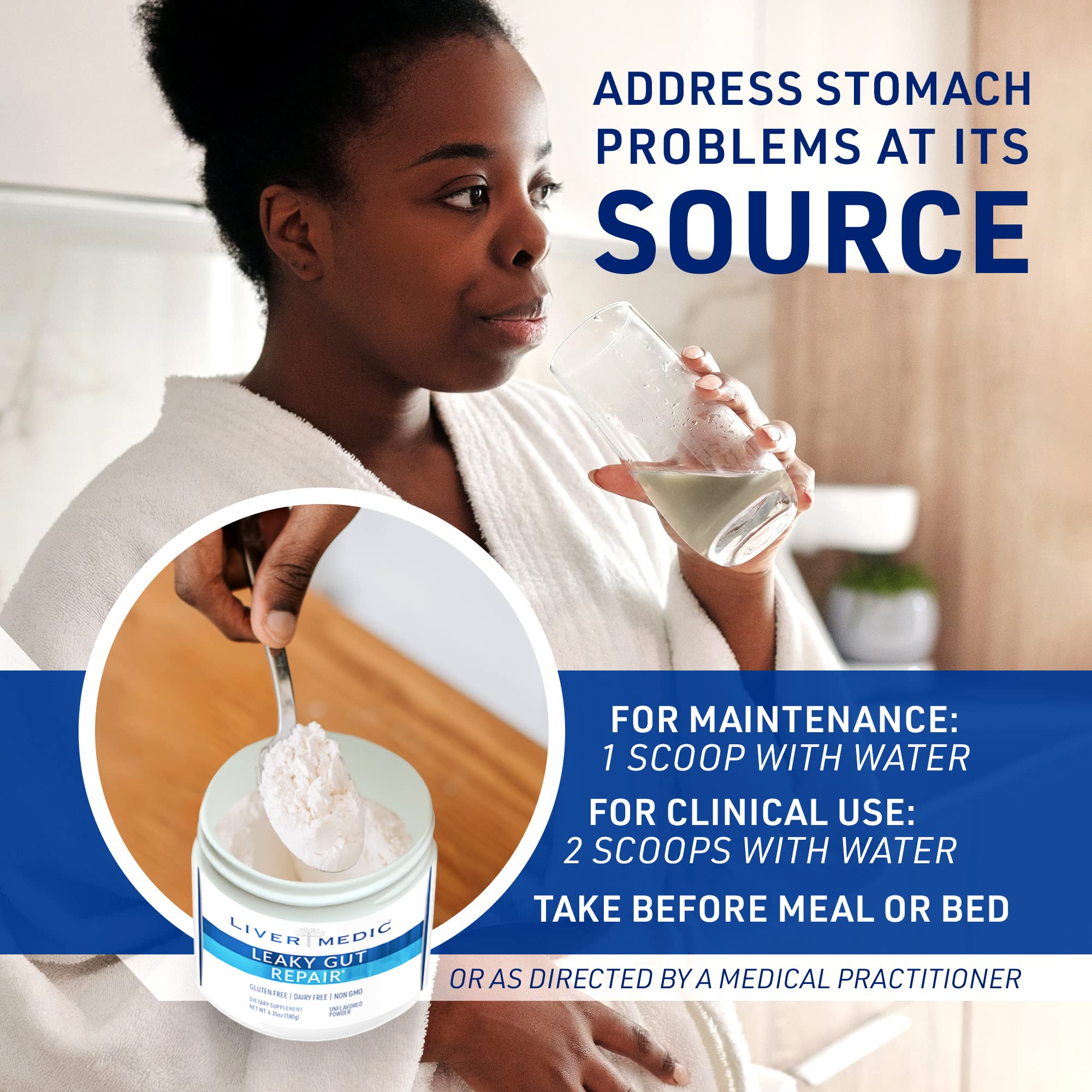 Liver Medic Leaky Gut Repair label shows ingredients and benefits