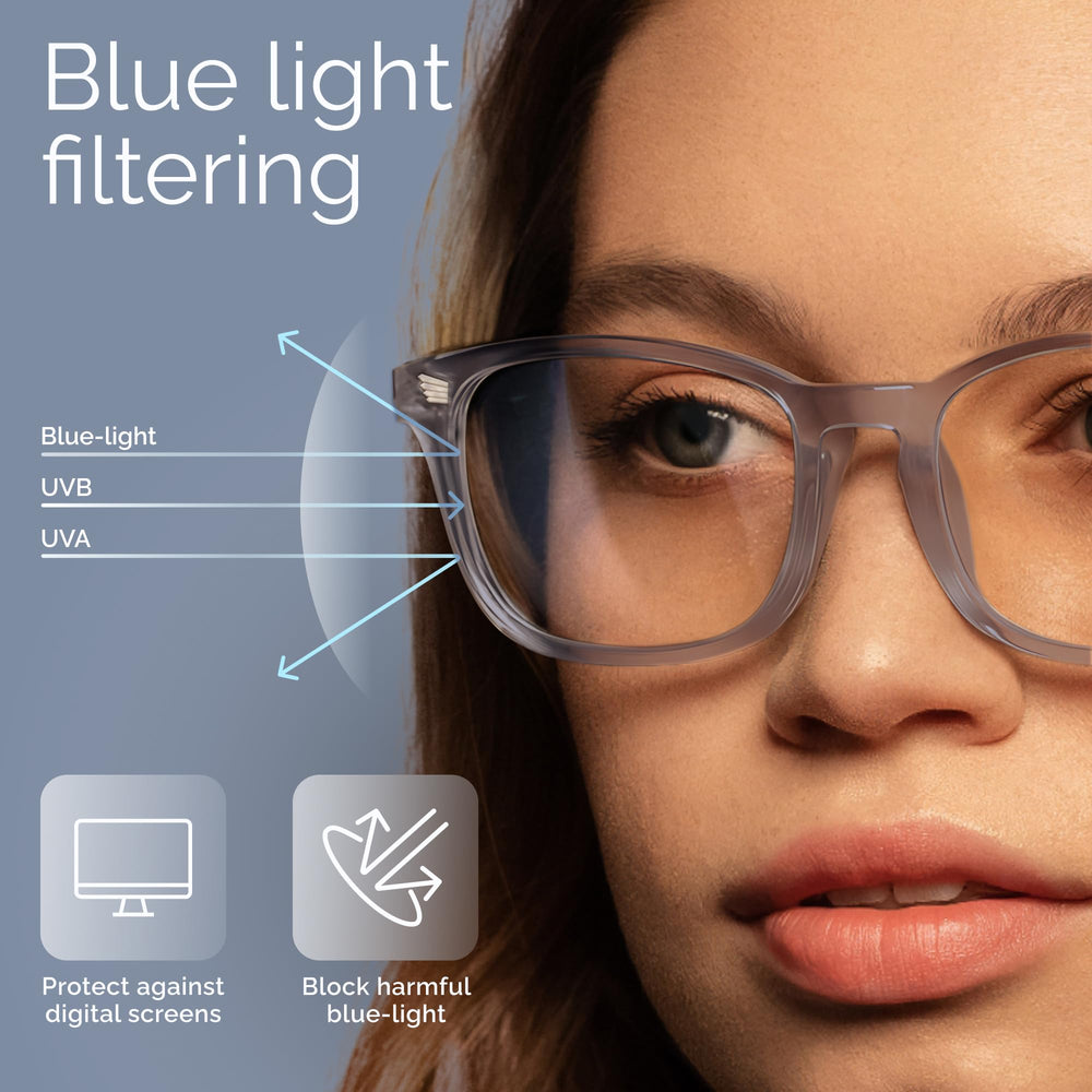 Livho High Tech Blue Light Glasses wearer closeup, anti-glare design for clearer viewing.