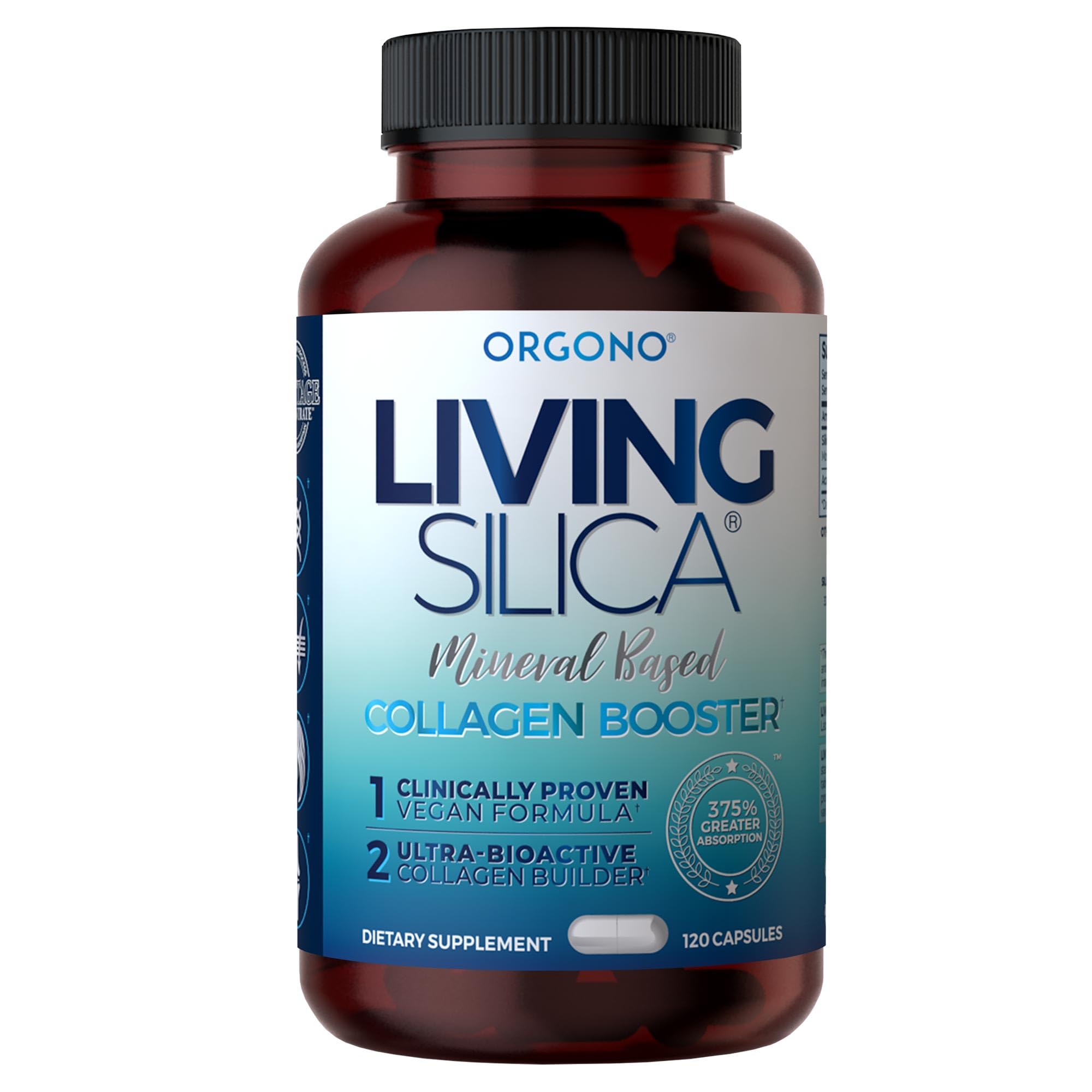 Living Silica ORGONO bottle front shows mineral-based collagen support.