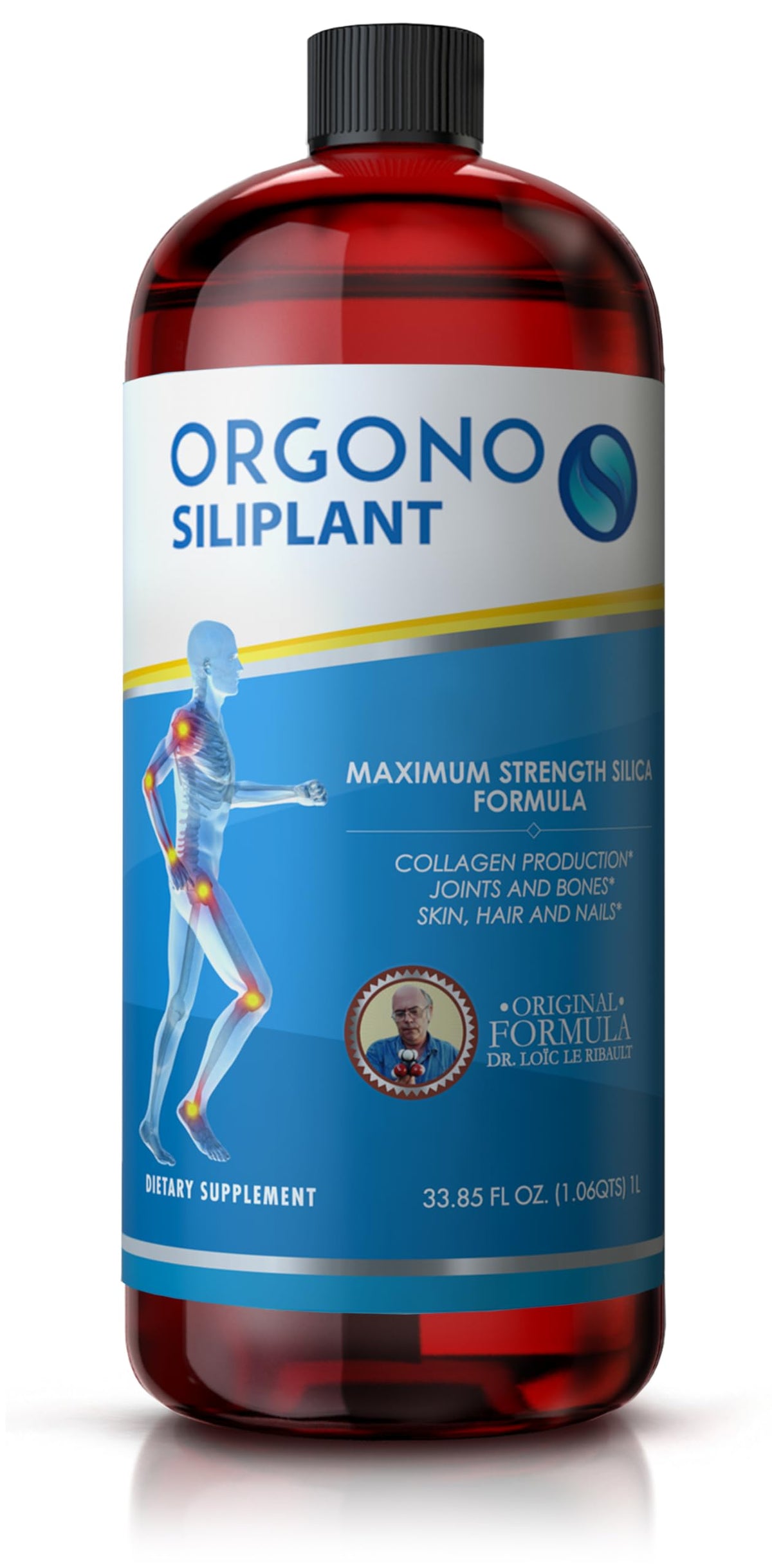 Orgono Living Silica Siliplant bottle front showing vegan collagen support for joints and skin.