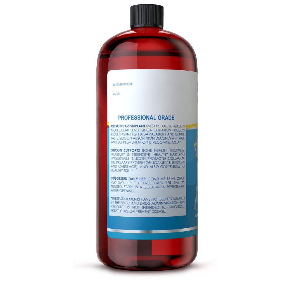 Orgono Living Silica Siliplant bottle label close-up emphasizing premium absorption features.