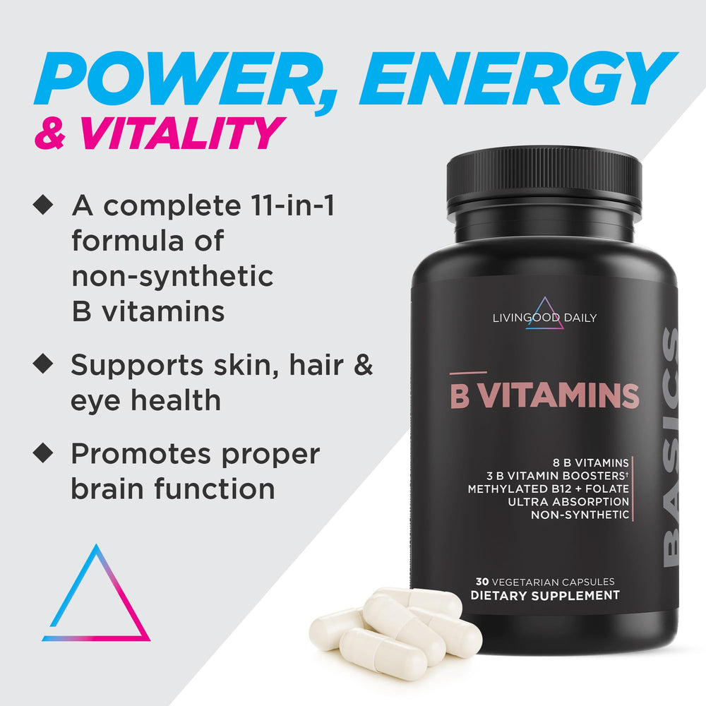 Livingood Daily B Complex capsule close-up highlighting vegan gluten-free formula