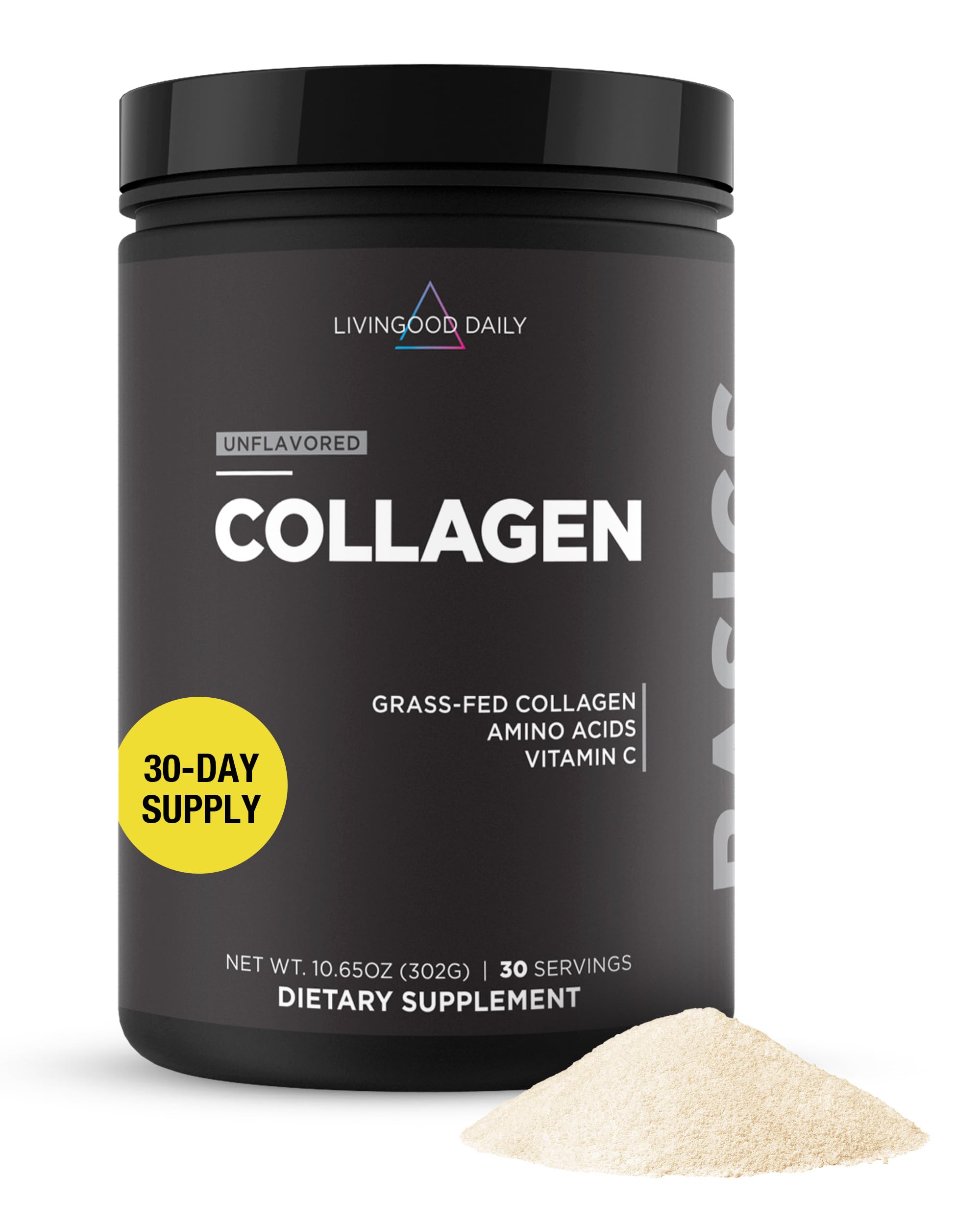 Livingood Daily collagen powder bottle shows clean-label daily wellness packaging.