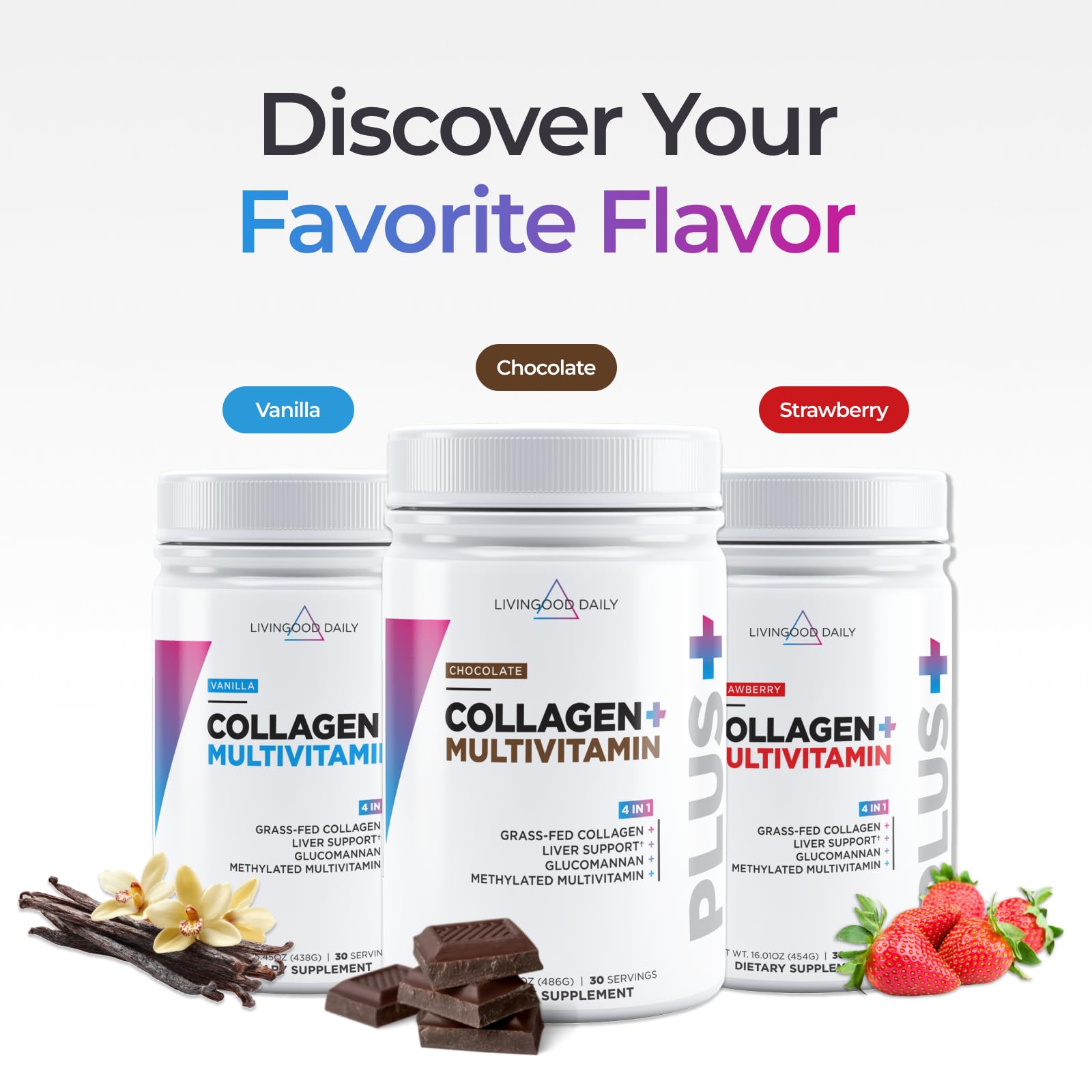 The nutrition panel on Livingood Daily Collagen Vanilla highlights vitamins and collagen types I and III.