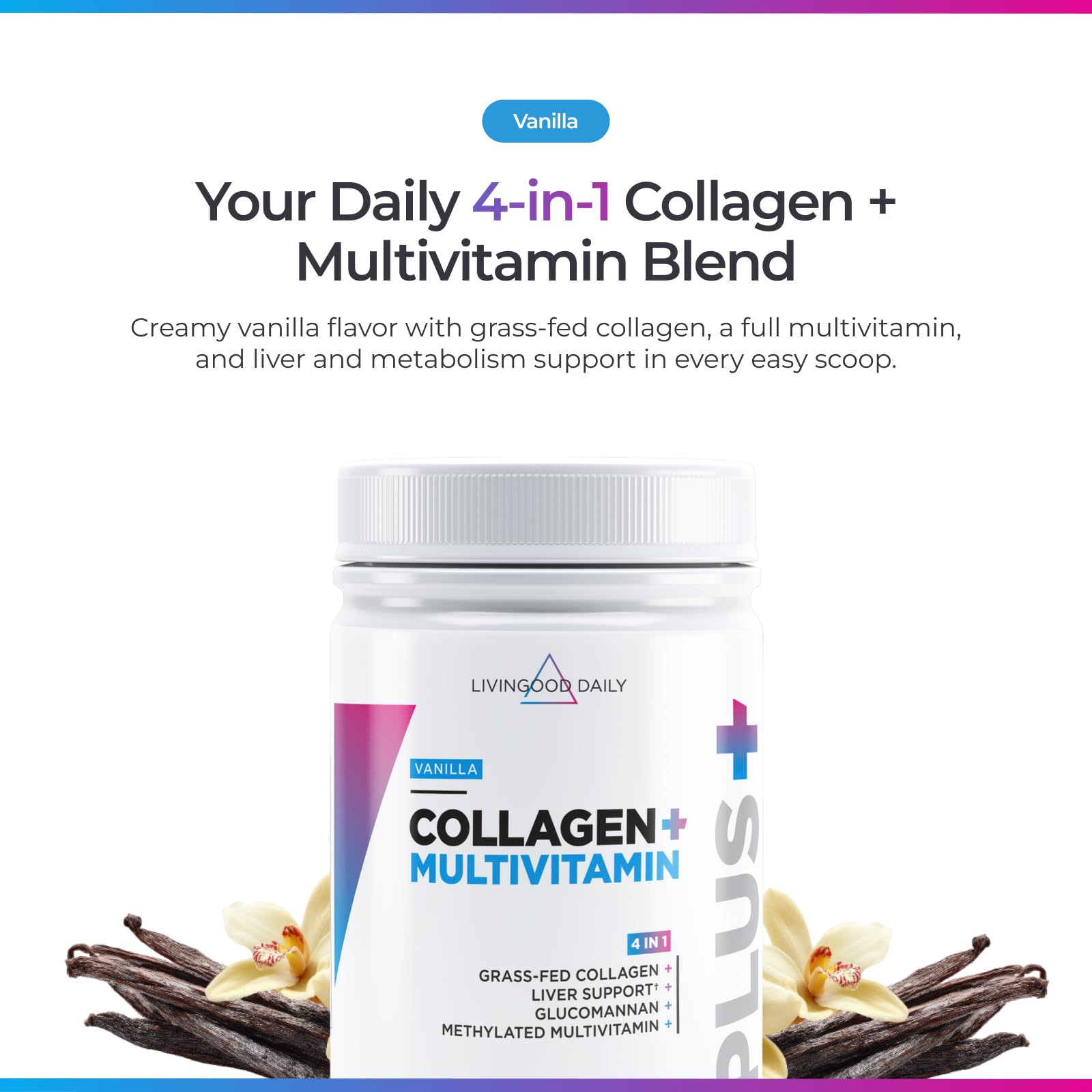 Pour Livingood Daily Collagen Vanilla into a glass for a creamy drink.
