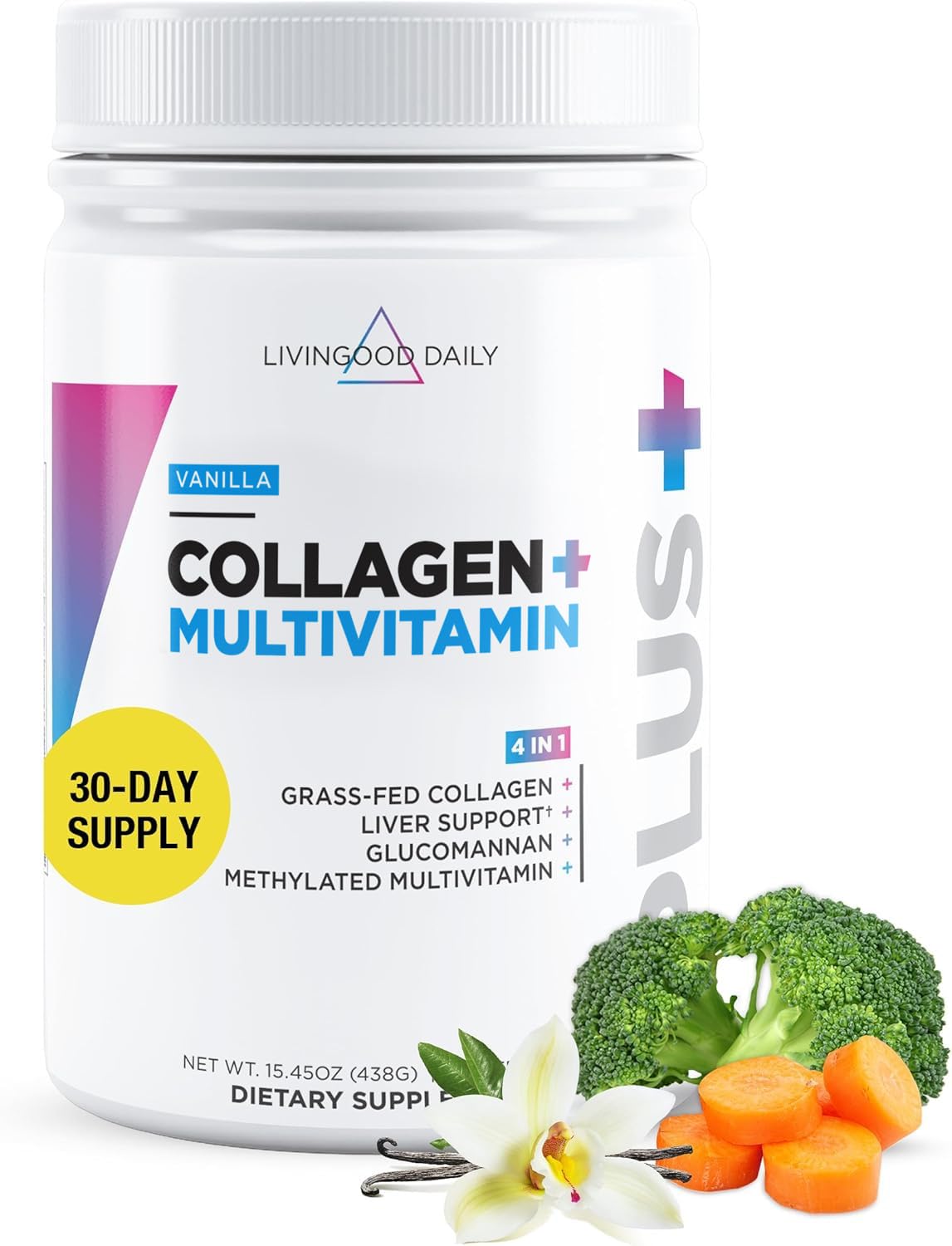Livingood Daily Collagen Vanilla tub front showcases the grass-fed formula.