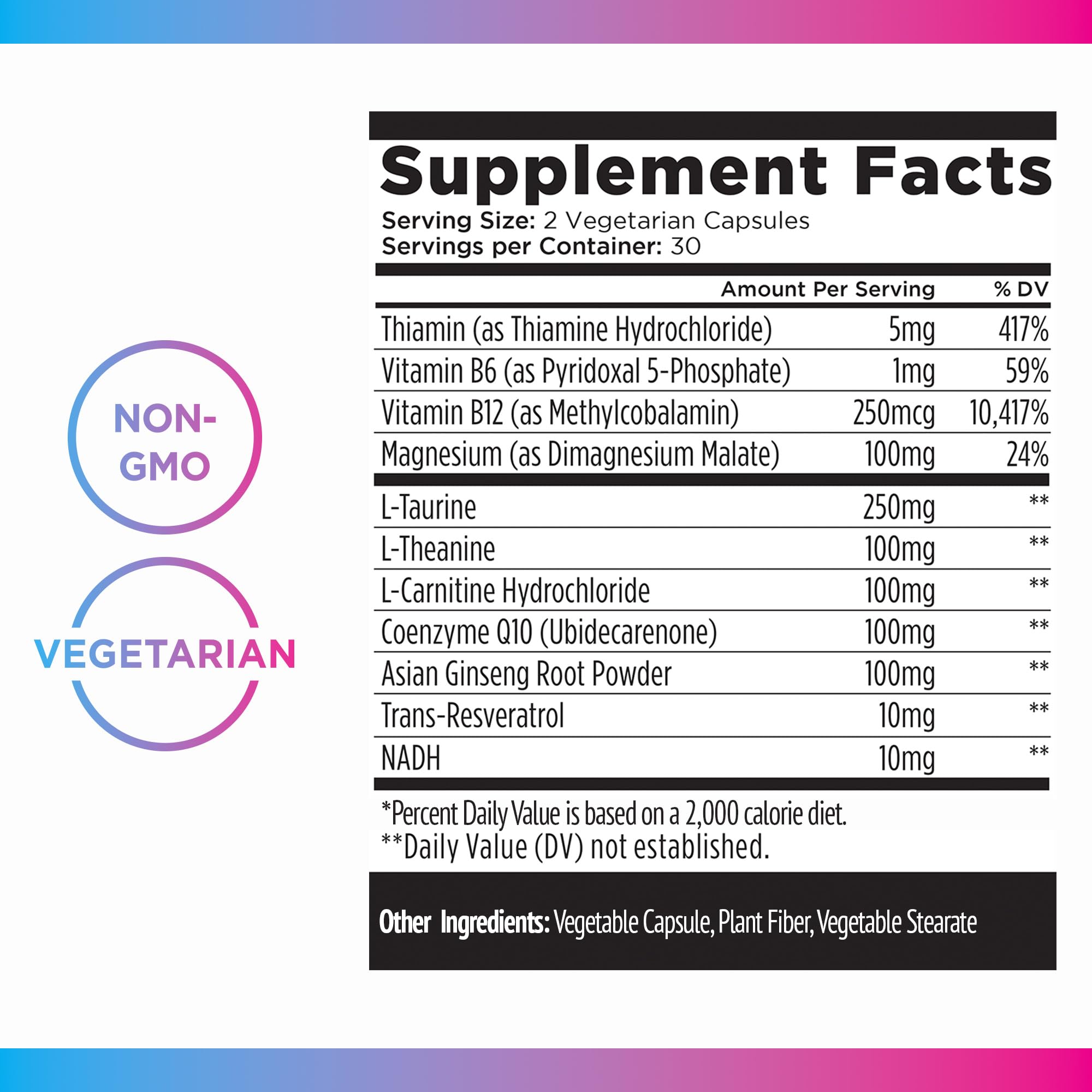 Livingood Daily Energy Support NADH and ginseng blend on label for energy.